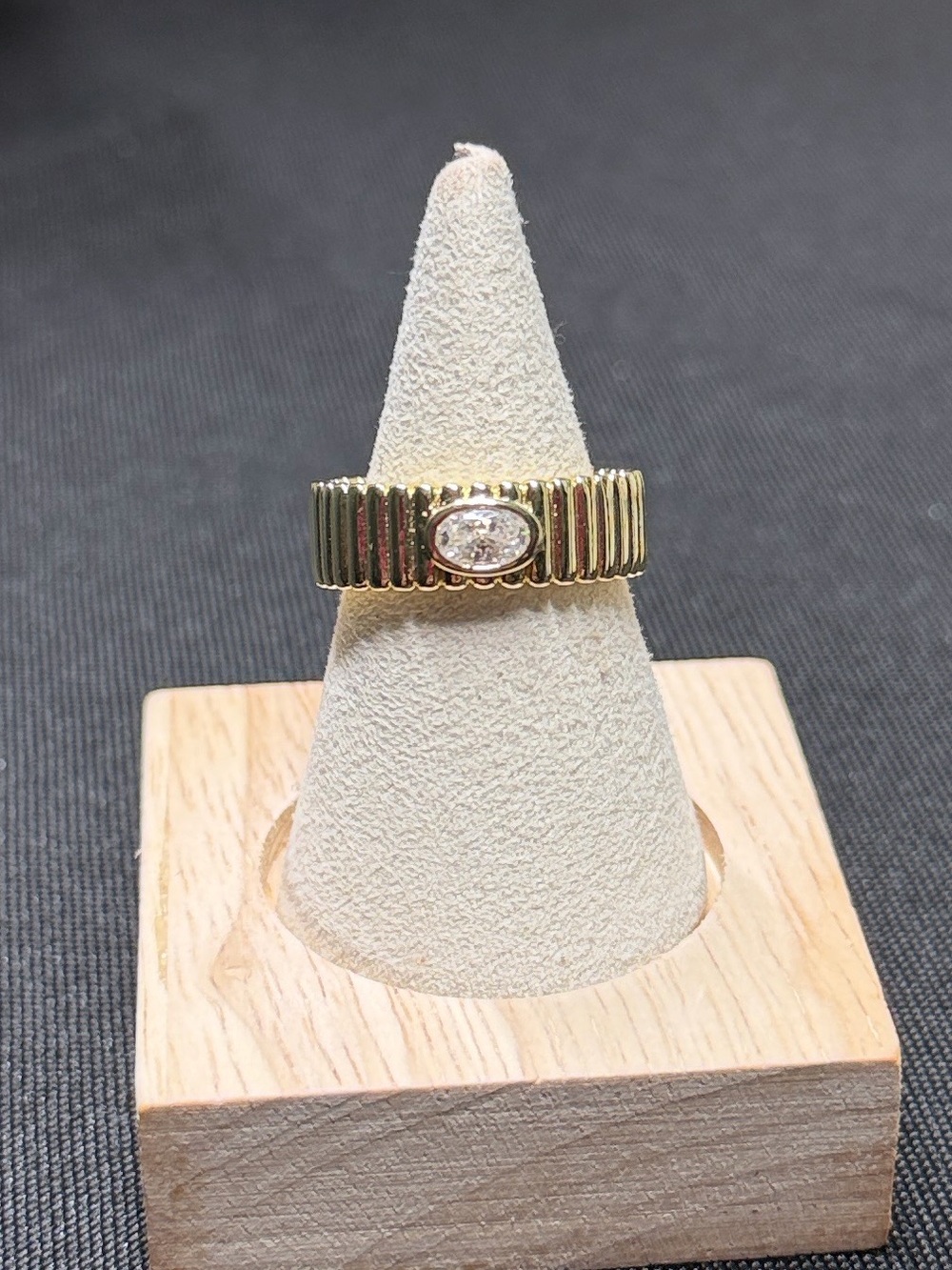 .50 CTW moissanite, 18k triple plated gold EAST-WEST ribbed SZ 9 ring.